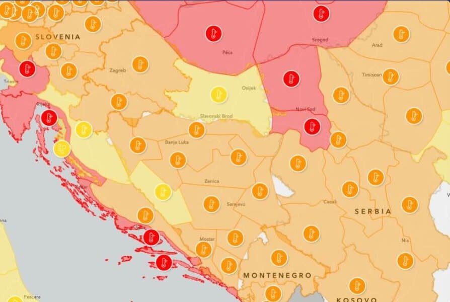meteo karta sa upaljenim alarmima za podrucje zapadnog balkana