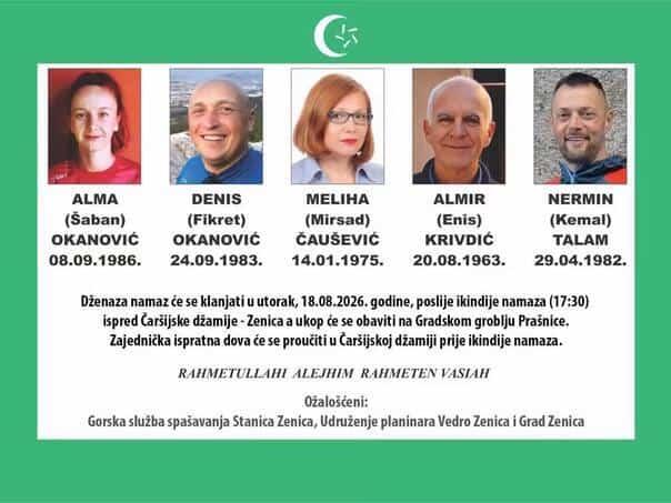 danas ce u zenici biti uprilicena komemoracija i klanjanja dzenaza za pet stradalih planinara koji su tragicno izgubili zivote na planini elbrus u rusiji