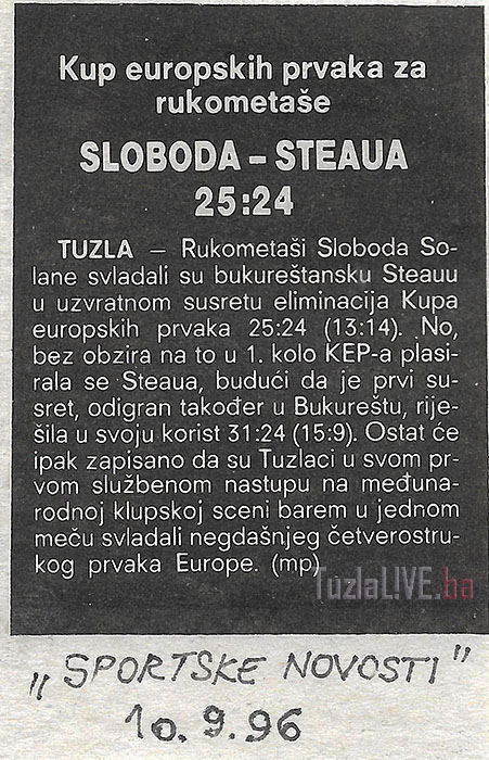 Rukomet, Sloboda, Steaua, 1996 godina
