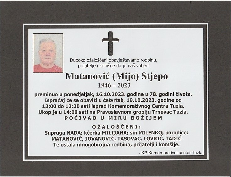 In memoriam, Stjepo Matanovic, osmrtnice