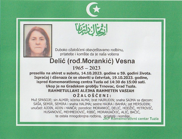 In memoriam, Vesna Delic Morankic, posmrtnice
