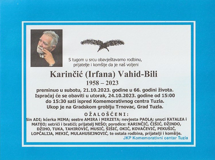 In memoriam, Vahid Karincic, posmrtnice