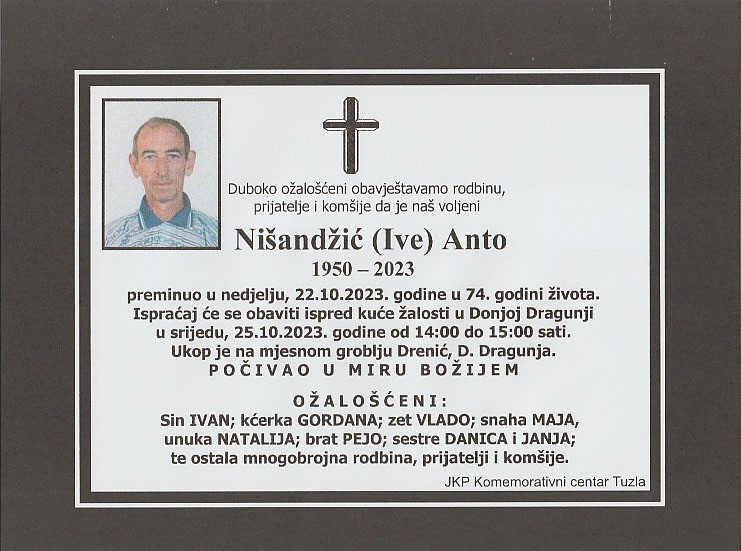 In memoriam, Anto Nisandzic, posmrtnice