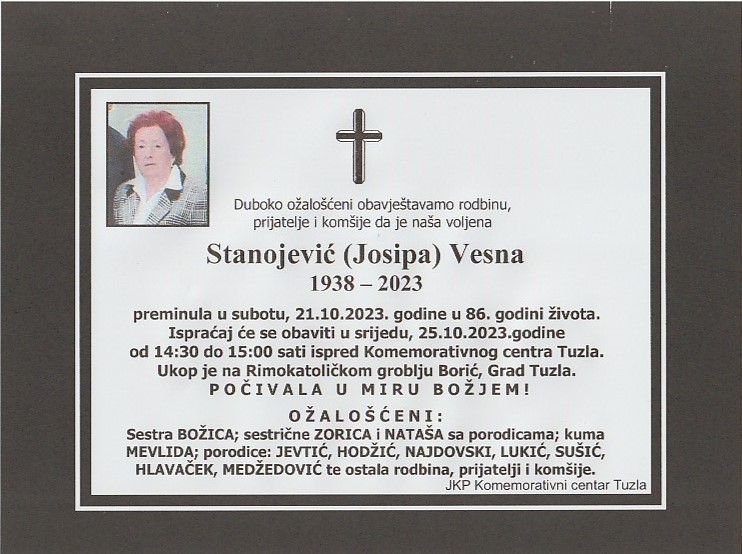 In memoriam, Vesna Stanojevic, posmrtnica