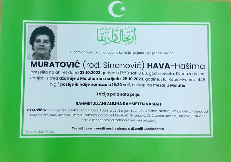 In memoriam, Hava Muratovic, posmrtnice