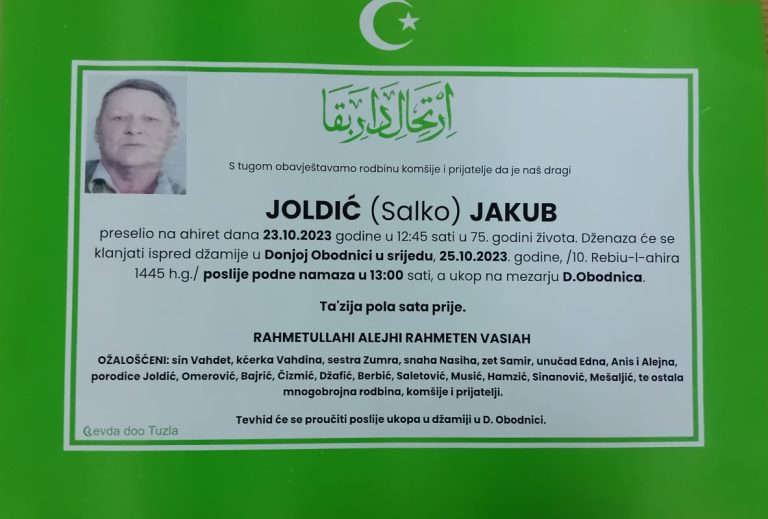 In memoriam, Jakub Joldic, posmrtnice
