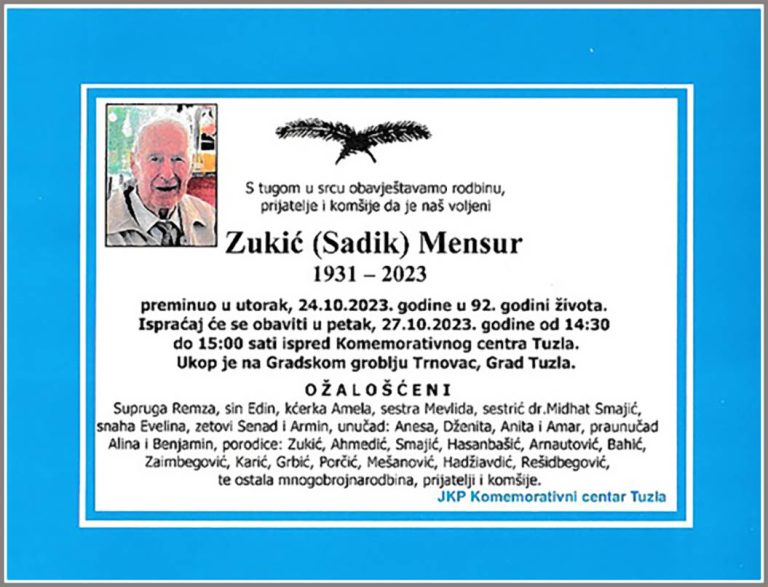 In memoriam, mensur Zukic, posmrtnice