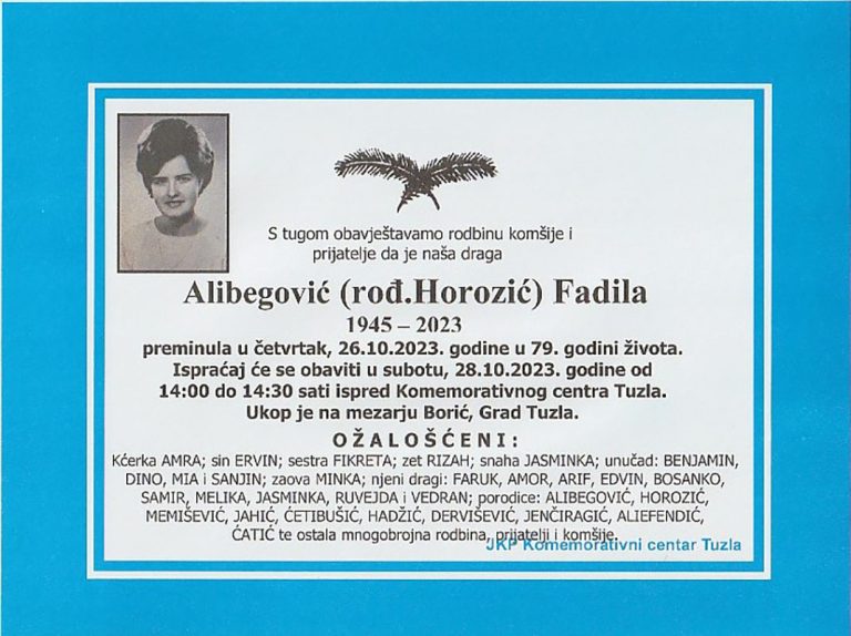 In memoriam, Fadila Alibegovic, posmrtnice