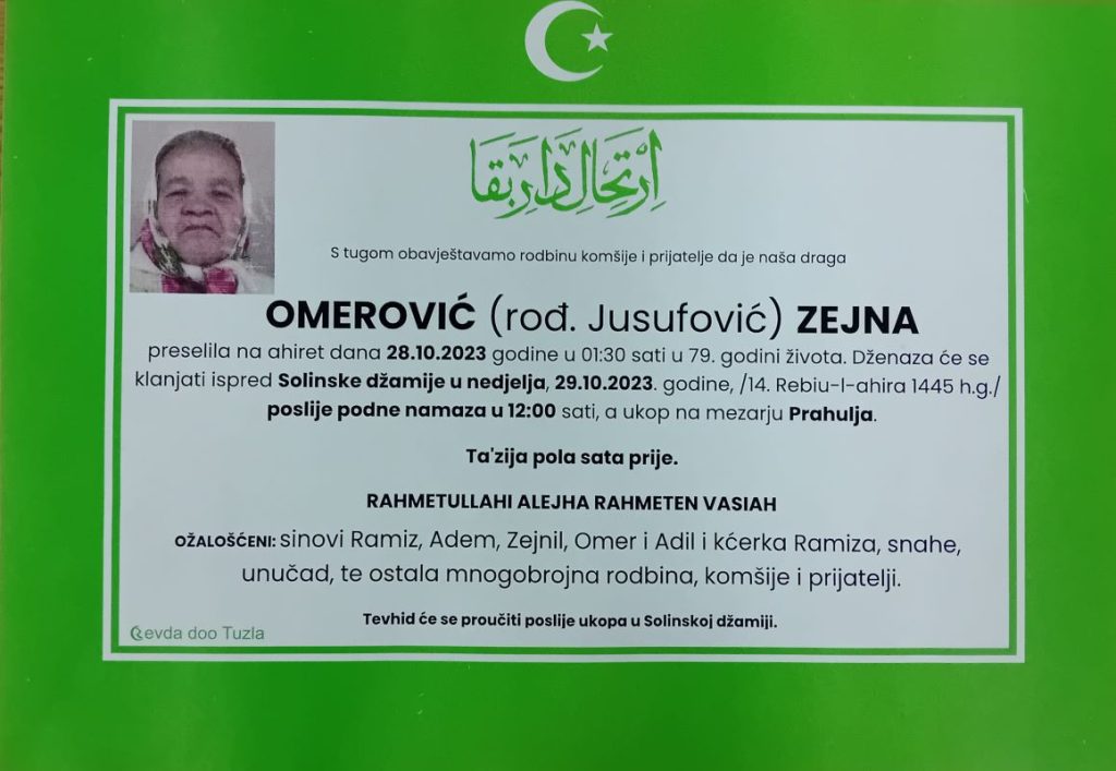 In memoriam, Zejna Omerovic, posmrtnice