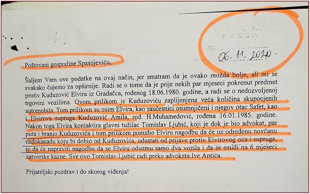 Faksimil krivične prijave Lucije Grabovičkić upućene Kantonalnom tužilaštvu Tuzla