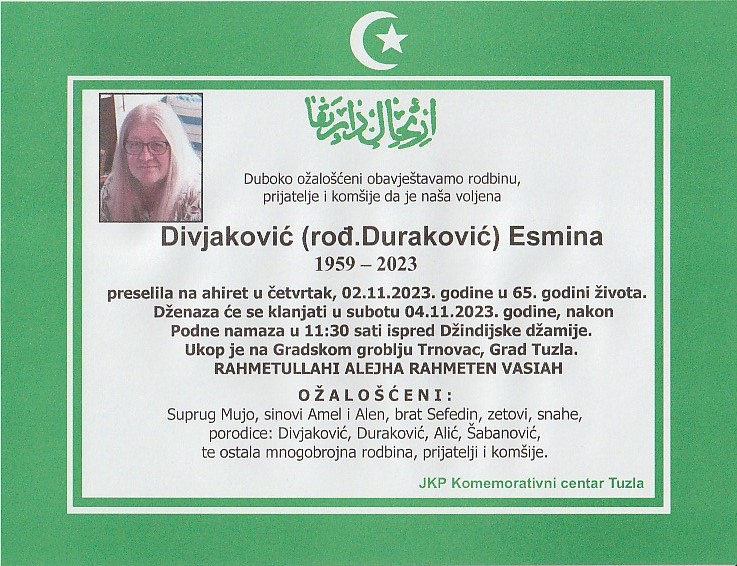 In memoriam, Esmina Divjakovic, posmrtnice