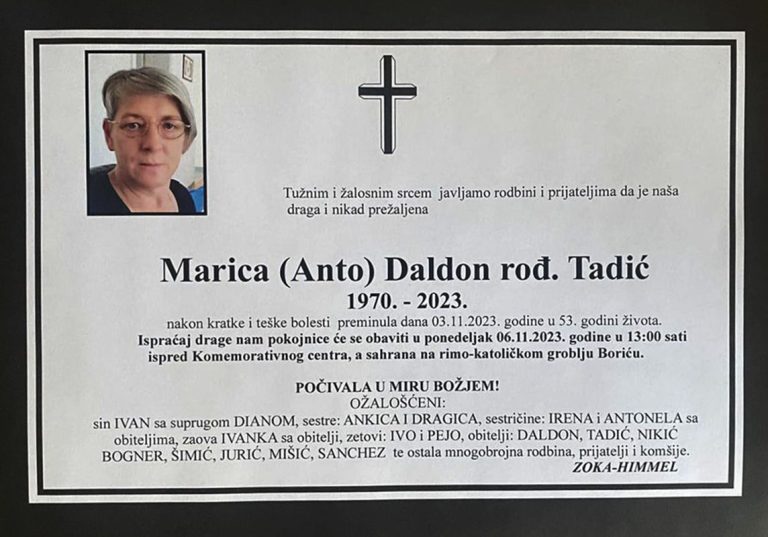 In memoriam, Marica Daldon, posmrtnice