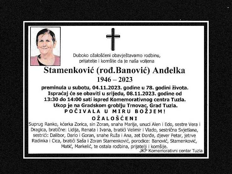 In memoriam, Andjelka Stamenkovic, posmrtnice