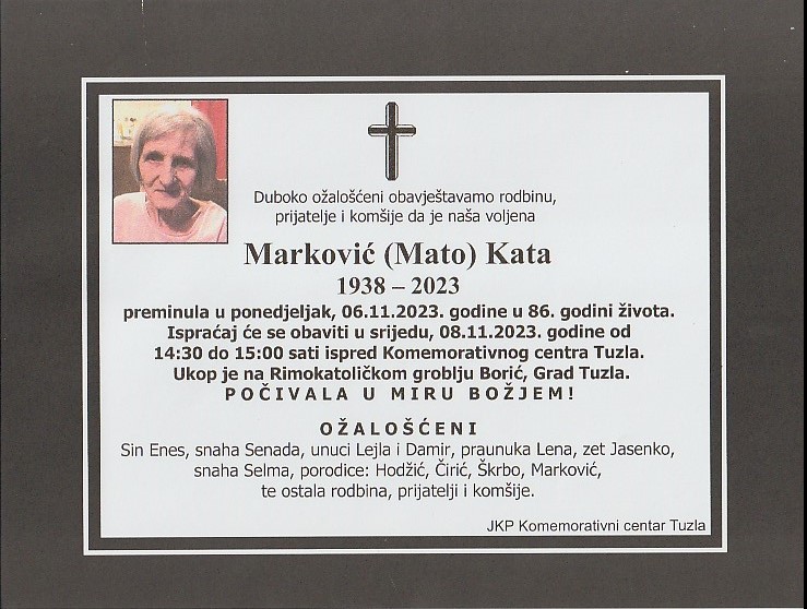 In memoriam, Kata Markovic, posmrtnica