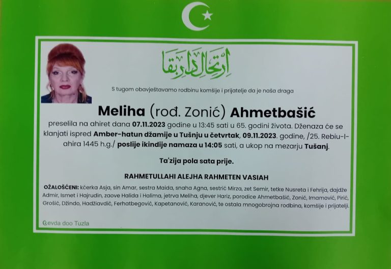 In memoriam, Meliha Ahmetbasic, posmrtnice
