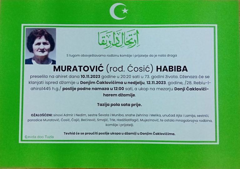 In memoriam, Habiba Muratovic, posmrtnice