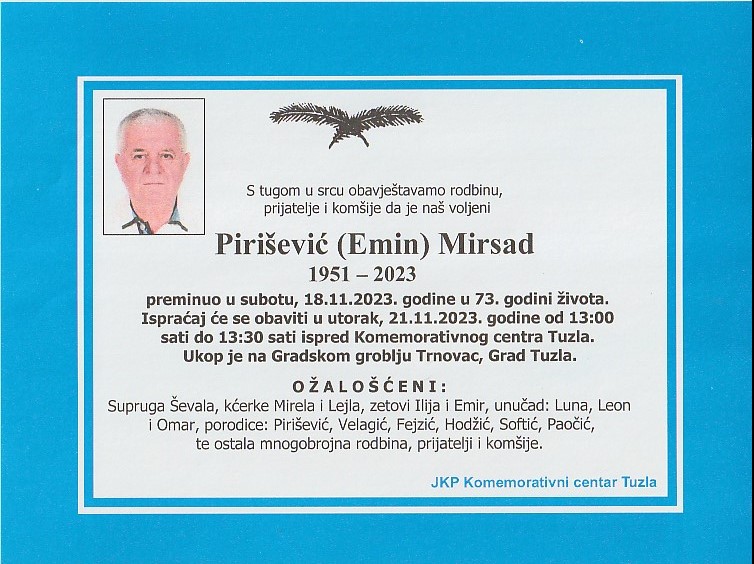 In memoriam, Mirsad Pirisevic, posmrtnice