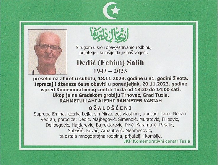 In memoriam, Salih Dedic, posmrtnice