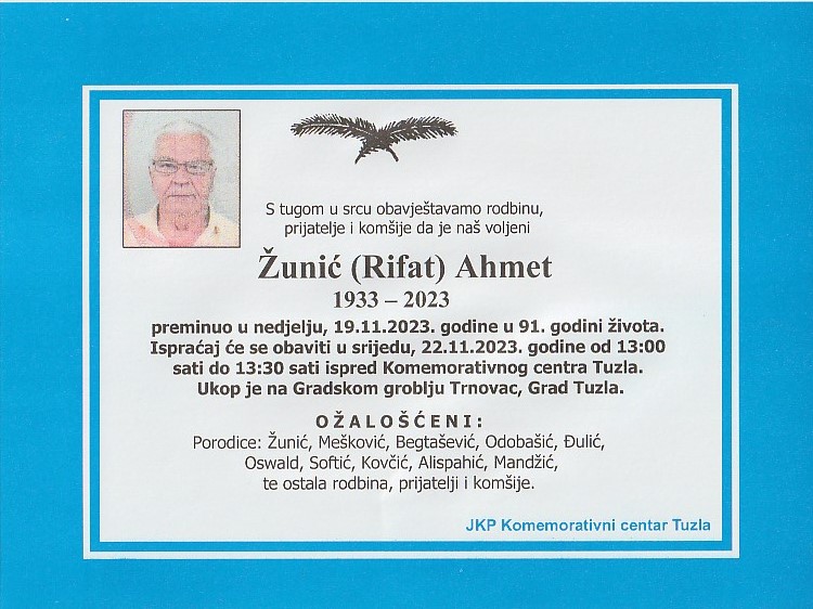 In memoriam, Ahmet Zunic, posmrtnice