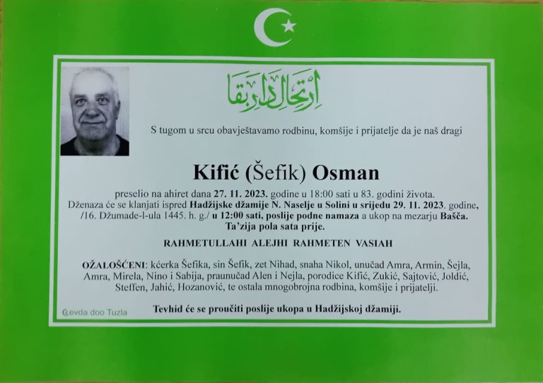 In memoriam, Osman Kific, posmrtnice