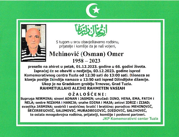 In memoriam, Omer Mehinovic, posmrtnice