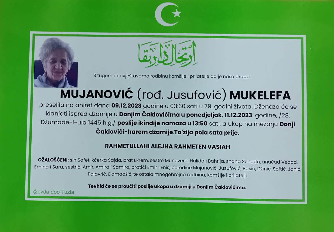 In memoriam, Mukelefa Mujanovic, posmrtnice