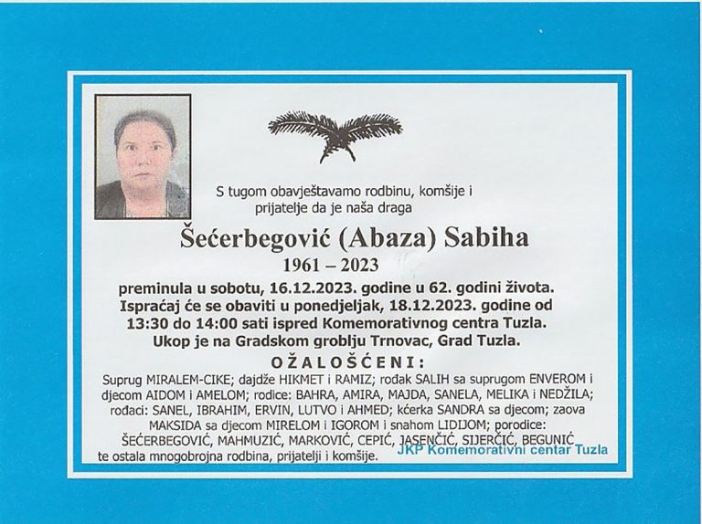 In memoriam, Sabiha Scerbegovi, posmrtnice