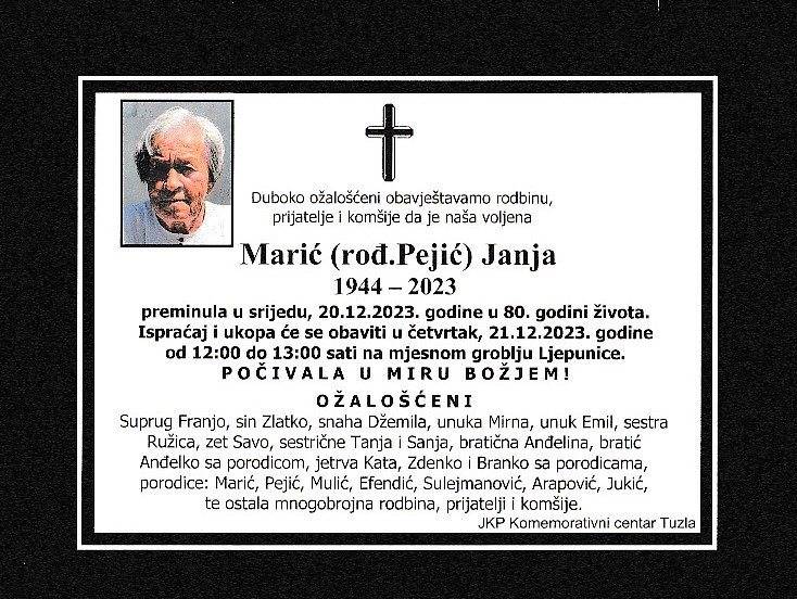 In memoriam, Janja Maric, posmrtnice