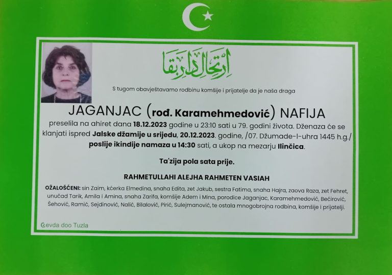 In memoriam, Nafija Jaganjac, posmrtnice