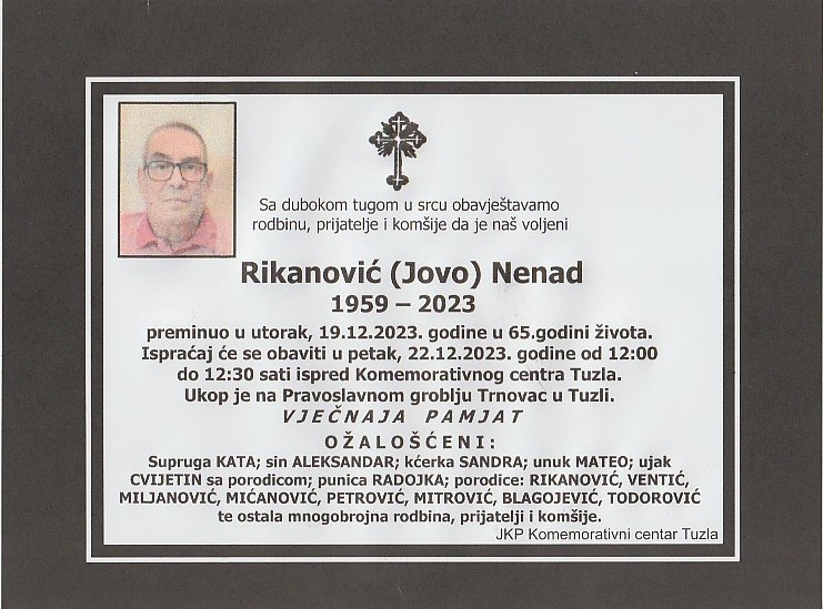 In memoriam, Nenad Rikanovic, posmrtnice