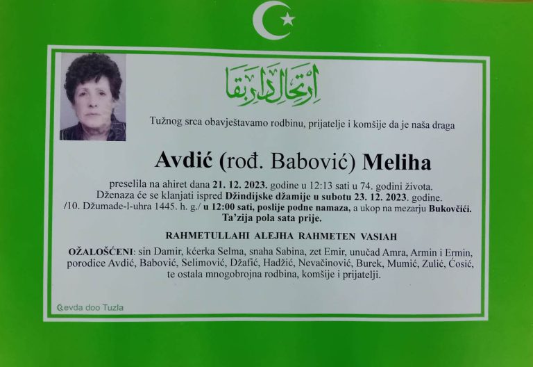 In memoriam, Meliha Avdic, posmrtnice