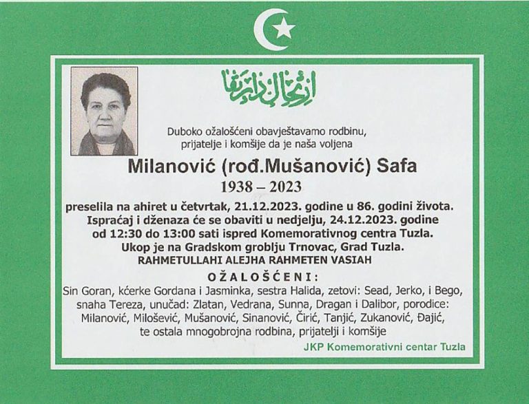 In memoriam, Safa Milanovic