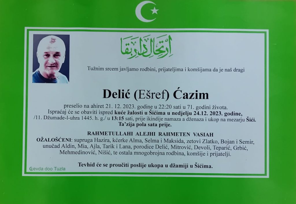 In memoriam - Cazim Delic, posmrtnice