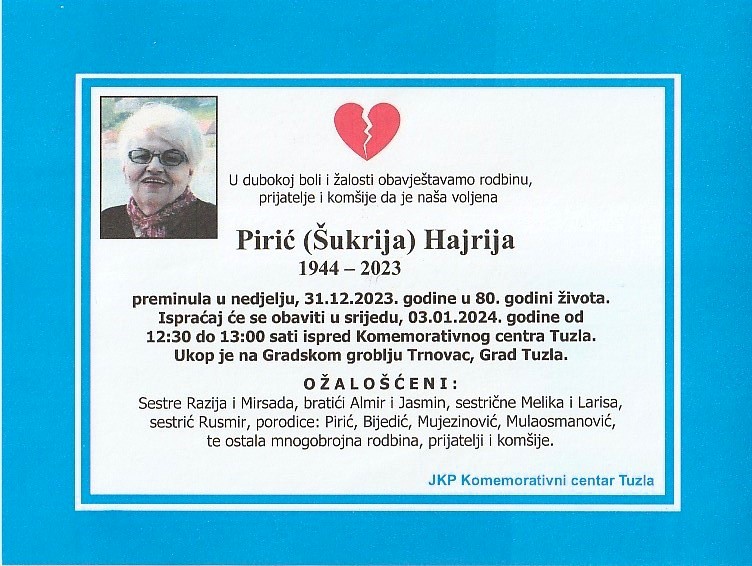 In memoriam, Hajra Piric, posmrtnice