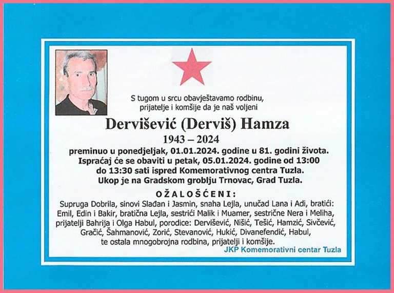 In memoriam, Hamza Dervisevic, posmrtnice