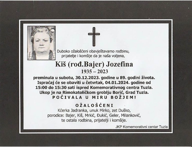 In memoriam, Jozefina Kis, posmrtnice