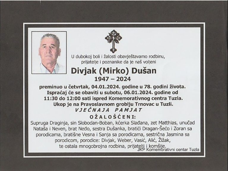 In memoriam, Dušan Divjak, posmrtnice