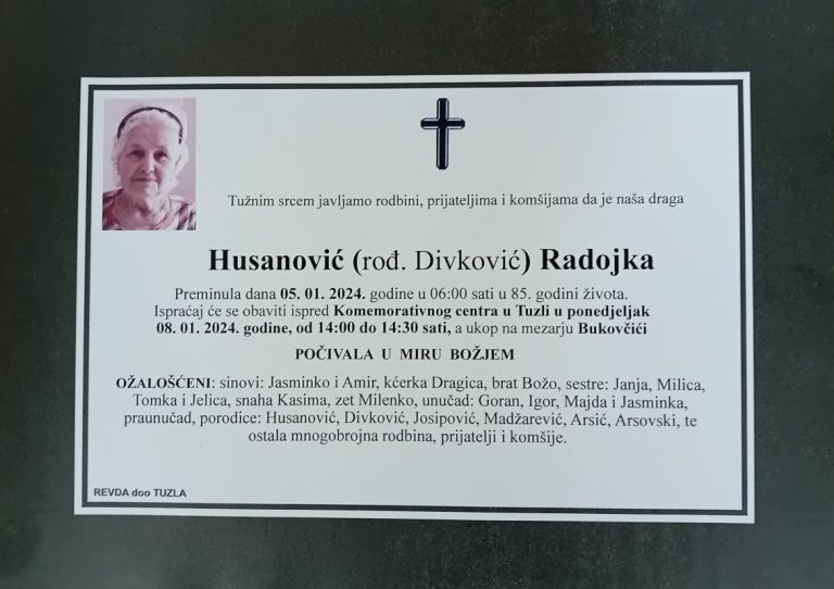 In memoriam, Radojka Husanovic, posmrtnice