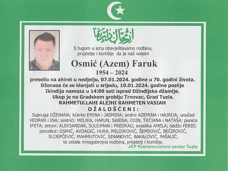 In memoriam, Faruk Osmic, posmrtnice