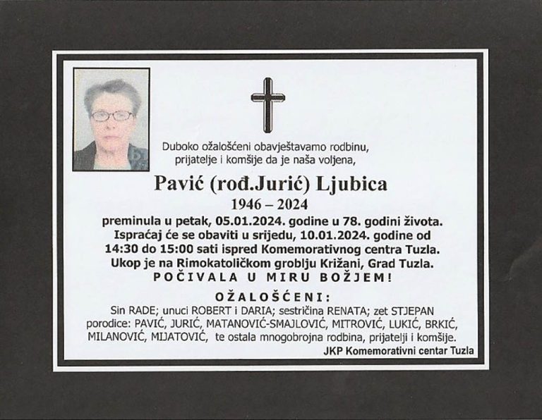 In memoriam, Ljubica Pavic, posmrtnice