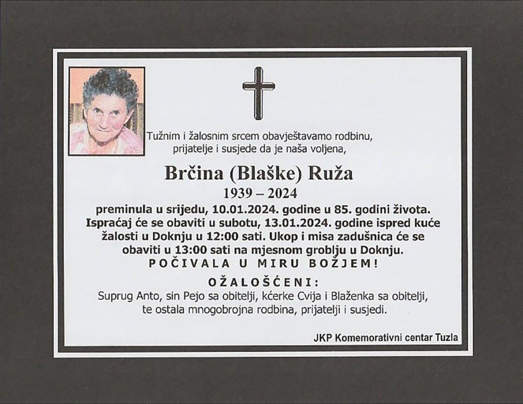 In memoriam, Ruža Brčina, posmrtnice