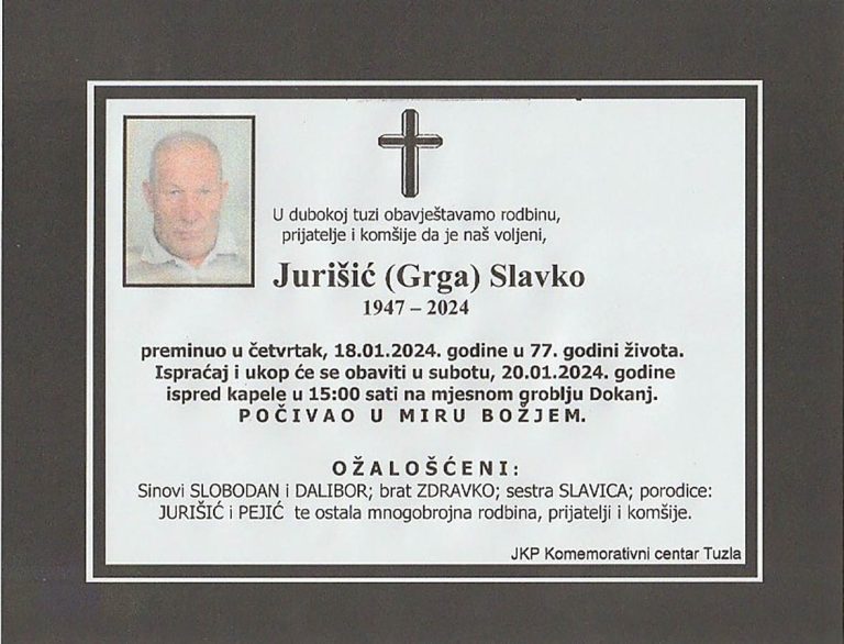 In memoriam, Slavko Jurisic, posmrtnice