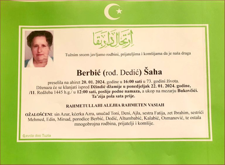 In memoriam, Saha Berbic - Dedic, posmrtnice