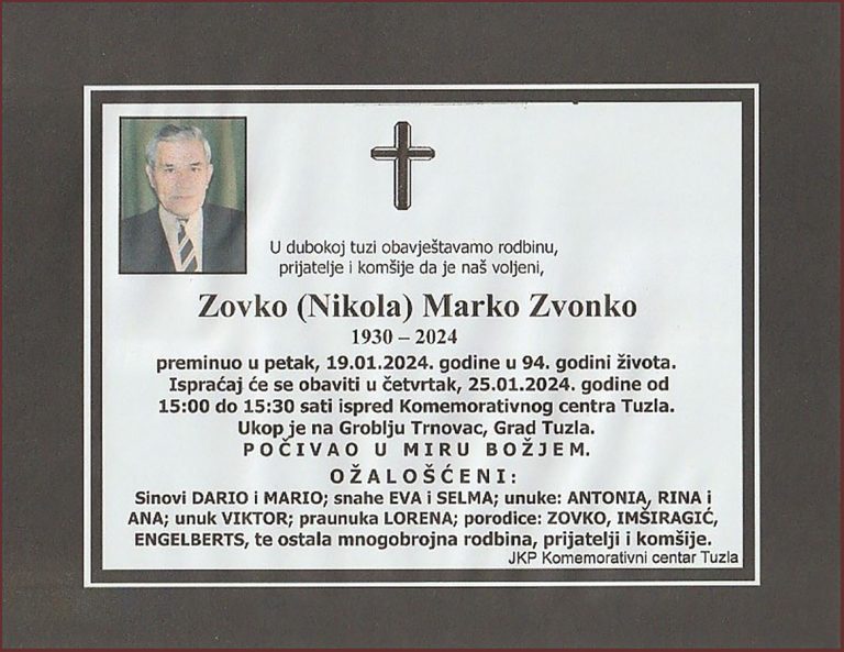 In memoriam, Marko Zovko, posmrtnice