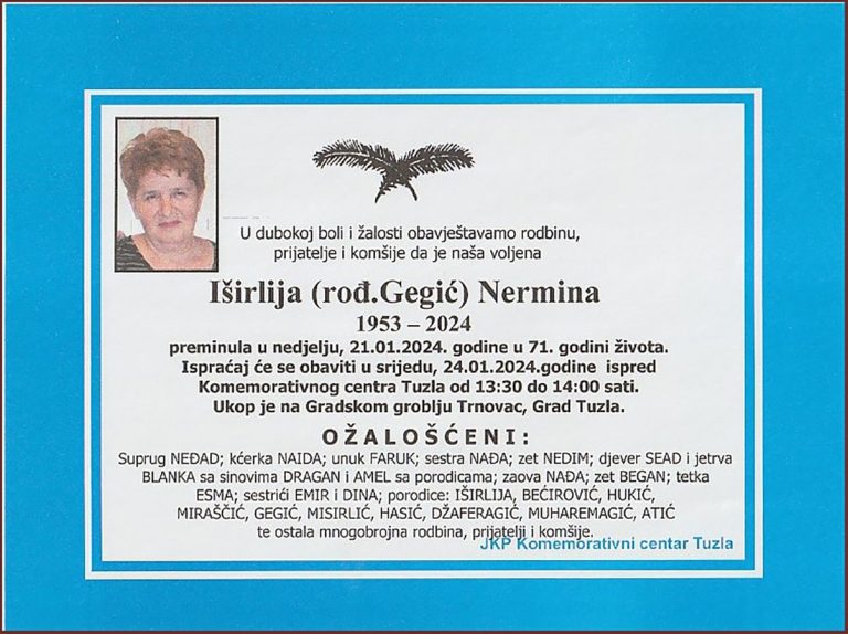 In memoriam, Nermina Isirlija, posmrtnice