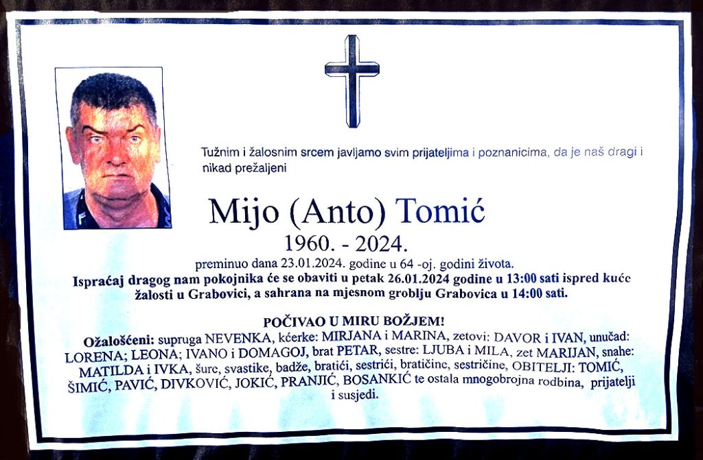 In memoriam, Mijo Tomic, posmrtnice