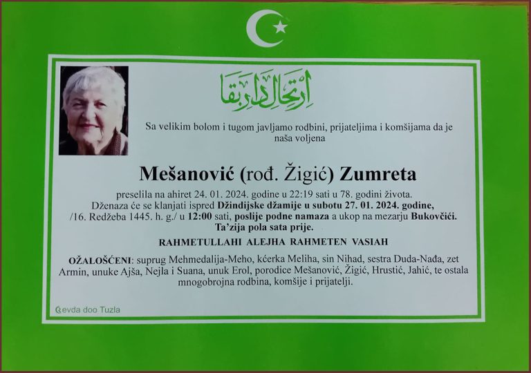 In memoriam, Zumreta Mesanovic, posmrtnica