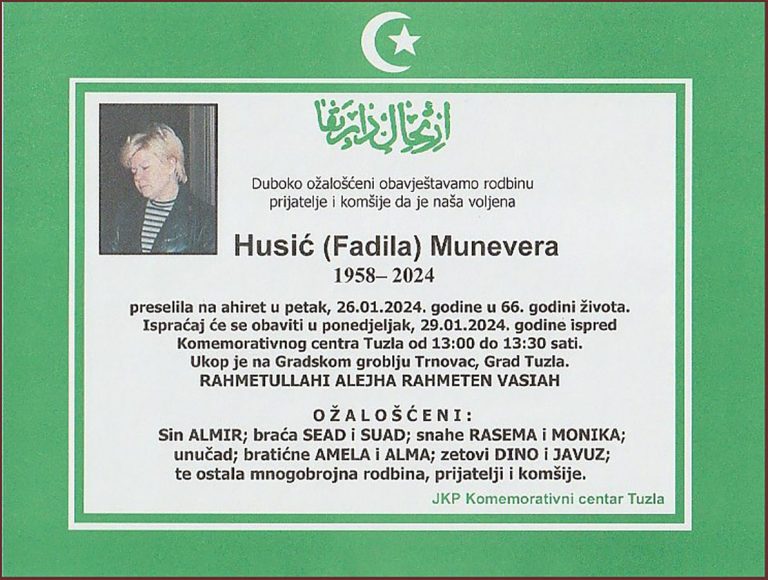 In memoriam, Munevera Husic, posmrtnice