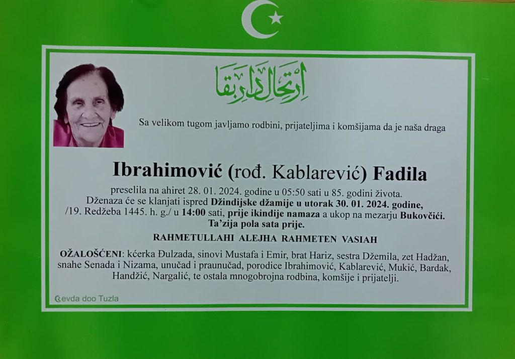 In memoriam, Fadila Ibrahimovic, posmrtnice