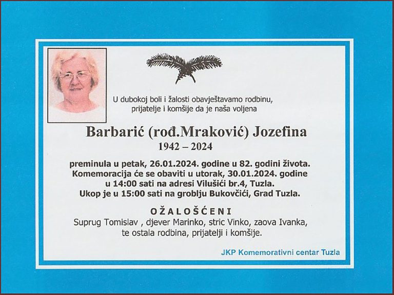 In memoriam, Jozefina Barnaric, posmrtnice